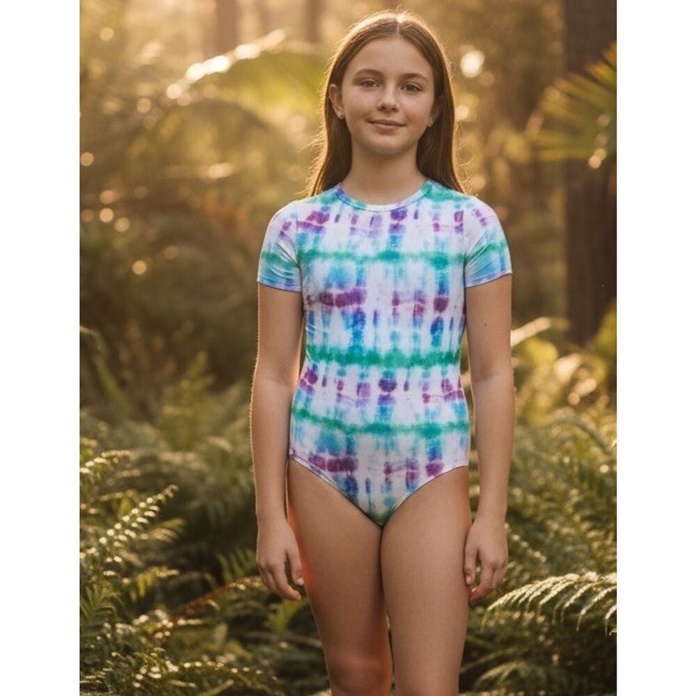 DSG Girls Large Short Sleeve One Piece Swimsuit Tide Dye Multi UV Protection NWT